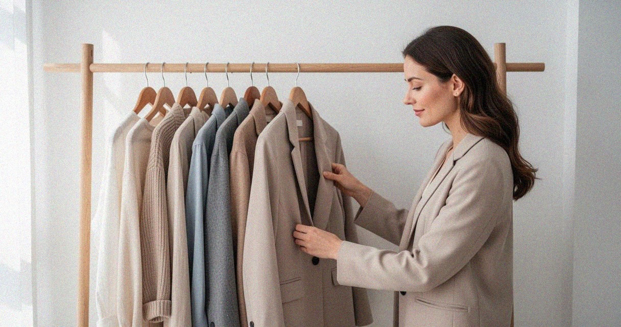 Une femme choisit une veste parmi des vêtements suspendus pour composer une tenue de location