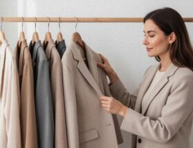 Une femme examine une veste beige sur un portant de vêtements aux tons neutres