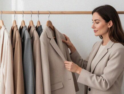 Une femme examine une veste beige sur un portant de vêtements aux tons neutres