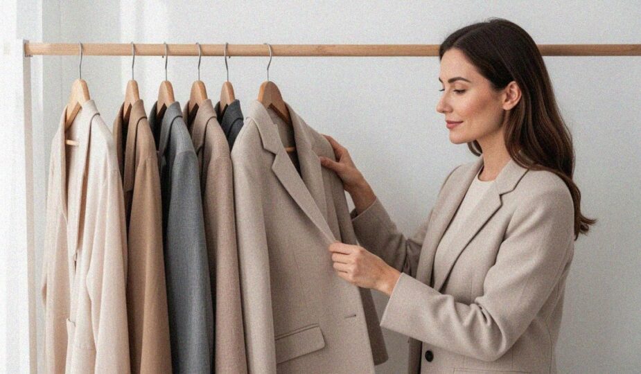 Une femme examine une veste beige sur un portant de vêtements aux tons neutres