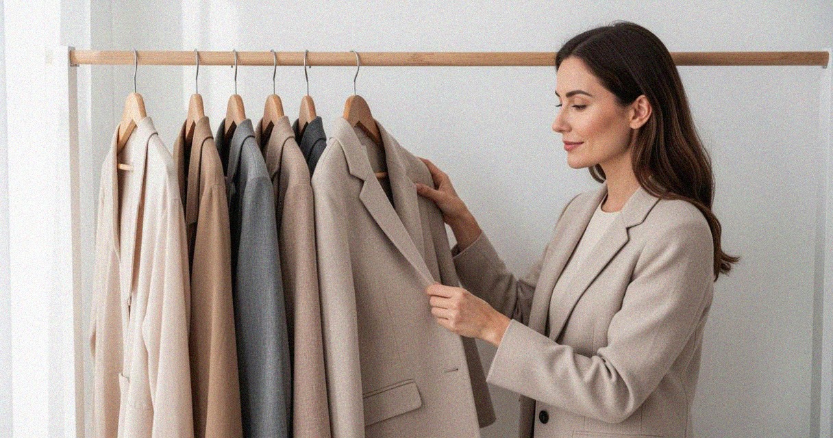 Une femme examine une veste beige sur un portant de vêtements aux tons neutres